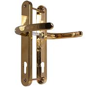 Poignées de porte en UPVC, laiton poli, levier/levier, 92 mm PZ (centres), vis à vis de 210 mm, plaque arrière de 242 mm x 34 mm, poignée de porte en UPVC, poignée de porte extérieure