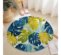 Poils Courts Tapis Rond Simple Illustration Feuilles Feuilles De Palmier Thème, Bleu Foncé Jaune Lavable Doux Tapis Rond pour Salon Chambre à Coucher Véranda - 150 cm Antidérapants Isolation Phonique