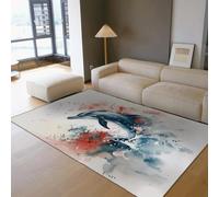 Poils Ras 100x150cm Tapis Aquarelle Art Vagues de l’océan et Motif Dauphin Tapis de Sol pour Le Salon Salle d’étude Chambre à Coucher Studio Entrée Facile à Nettoyer