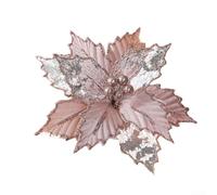 Poinsettia artificielles de 24 cm avec motif de feuilles en tissu et paillettes pour arbre, couronne, guirlande, mariage, Nouvel An ou décoration de fête d'anniversaire (rose)