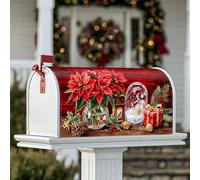 Poinsettia Couverture magnétique de boîte aux lettres de Noël rustique avec lanterne boule à neige pour décoration de jardin, terrasse, 45,7 x 53,3 cm, rouge