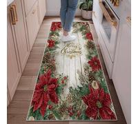 Poinsettia - Tapis de couloir rectangulaire à poils courts pour cuisine, porte, entrée, table de chevet, décoration de Noël, pommes de pin, baies de Noël, rouge, 0,6 x 1,8 m
