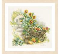 Point De Croix Compté Kit Tableau Complet Set BROUETTE ET TOURNESOLS De Broderie Loisir Créatif Maison Decoration Cadeau DIY ca. 43 x 37 cm Counted Cross Stitch Embroidery