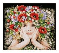 Point De Croix Compté Kit Tableau Complet Set FILLE AVEC DES FLEURS De Broderie Loisir Créatif Maison Decoration Cadeau DIY ca. 31 x 26 cm Counted Cross Stitch Embroidery