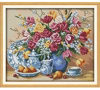 point de croix kit complet adulte,Vase Et Assiette De Fruits,dmc canevas point de croix kit complet,40×50cm,debutant broderie point de croix imprimé