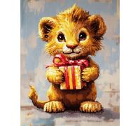 Point De Croix Kit Complet, Petit Lion Tenant Un Cadeau 11Ct Canevas Debutant Broderie Imprimé,Diy Kit Broderie Point De Croix