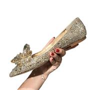 Pointed Shallow Mouth Stiletto Sandals Cinderella Rhinestone Pumps Banquet Dress Shoes Female Wedding Shoe(Gold Drill Flat,38)