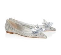 Pointed Shallow Mouth Stiletto Sandals Cinderella Rhinestone Pumps Banquet Dress Shoes Female Wedding Shoe(White Drill Flat,38)
