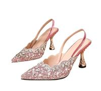 Pointed Toe Women Slingbacks Pumps Crystal Diamond Pearl Stripper Thin High Heels Party Prom Shoes(36)