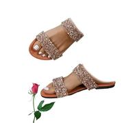 POIOZXD Chaussures plates habillées avec strass pour femme - Confortables - Bout ouvert - Bout rond - Paillettes - Chaussures de plage décontractées - Confortables et légères, marron, 38.5 EU