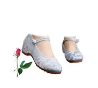POIOZXD Pantoufles chinoises pour femmes, chaussures à talons compensés en satin, chaussures plates à enfiler, style chinois traditionnel brodé, bout rond, bleu, 38 EU