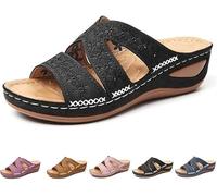 POIOZXD Sandales orthopédiques compensées décontractées pour femme avec chaussons brodés larges et confortables à bout ouvert et légers, Noir , 34.5 EU