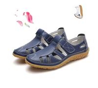 POIQZXDS Sandales rétro plates en cuir véritable antidérapant pour femme, sandales d'été à bout fermé, creux, confortables, douces et réglables avec sangle de cheville (bleu foncé, 39)