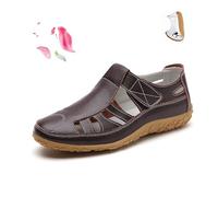 POIQZXDS Sandales rétro plates en cuir véritable antidérapant pour femme - Sandales d'été à bout fermé creux, confortables, douces et réglables avec sangle de cheville (café, 37)