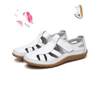 POIQZXDS Sandales rétro plates en cuir véritable antidérapant pour femme - Sandales d'été à bout fermé creux, confortables, souples et réglables avec sangle de cheville - Blanc - 41
