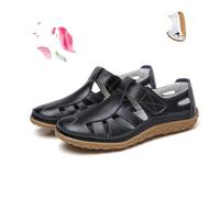 POIQZXDS Sandales rétro plates en cuir véritable antidérapant pour femme, sandales d'été à bout fermé, creux, confortables, souples et réglables avec sangle de cheville (noir, 37)