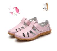 POIQZXDS Sandales rétro plates en cuir véritable antidérapant pour femme, sandales d'été à bout fermé, creux, confortables, douces et réglables avec sangle de cheville (rose, 38)