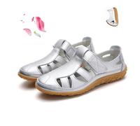 POIQZXDS Sandales rétro plates en cuir véritable antidérapant pour femme - Sandales d'été à bout fermé creux, confortables, douces et réglables avec sangle de cheville (argent, 40)