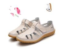 POIQZXDS Sandales rétro plates en cuir véritable antidérapant pour femme - Sandales d'été à bout fermé creux, confortables, souples et réglables avec sangle de cheville - Beige - 39