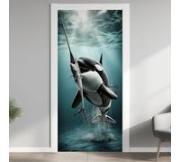 Poisson Baleine Effet 3D Sticker Porte, Vie Marine Papier Autocollant Porte Mural Décoration, Océan Profond Stickers Muraux Amovible PVC 77x200 cm ybG3o13