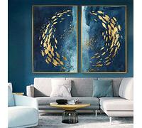 Poisson d'or chinois toile, peinture abstraite grand bleu affiche impression luxueux Wall Art pour salon couloir or tableaux image No frame 50x75cmx2