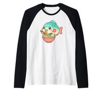 Poisson Mignon Mangeant Ramen Kawaii Art Amateur de Nourriture Manche Raglan