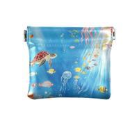 Poisson tortue dessin animé animal marin en cuir PU petite pièce de monnaie commode avec fermoir pour dame, poisson tortue dessin animé animal marin, 1 size, Impression artistique