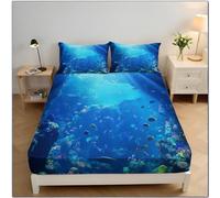 Poissons des Profondeurs Drap Housse Microfibre 135x190x30cm Housse De Matelas 30 Cm Profondeur pour Matelas épais, Thème De L'Océan Draps Housses Doux, Bleu
