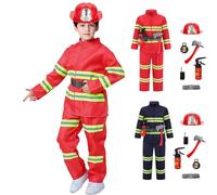 POIUIYQA Déguisement de pompier pour enfants Accessoires de jeu de rôle de chef de pompier pour enfants avec t-shirt, pantalon, ceinture, casque rouge, hache, extincteur et boujule, talkie-walkie