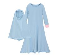 POIUIYQA Ensemble de Vêtements Musulmans pour Fille Robe a Manches Longues avec Hijab Tenue Dubaï Ramadan Corban Ensemble Traditionnel (Bleu Ciel, 13-14ans)
