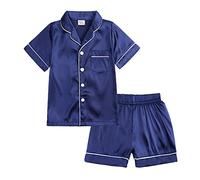 POIUIYQA Ensembles de Pyjama Fille et Ado Ensembles de Nuit d'Été Boutons Short Pyjama Satin Loungewear Set Vêtement de Nuit à Manche Courte Pyjama Enfant Garcon