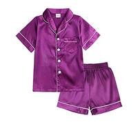 POIUIYQA Ensembles de Pyjama Fille et Ado Ensembles de Nuit d'Été Boutons Short Pyjama Satin Loungewear Set Vêtement de Nuit à Manche Courte Pyjama Enfant Garcon