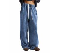 POIUIYQA Pantalon large coton femme taille élastique à cordon, effet délavé vieilli, doublure polaire chaude, coupe ample incurvée pour style décontracté tendance urbain