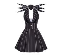 POIUIYQA Robe de Noël de cauchemar pour femme, costume de costumade pour adulte, robe trapèze rayée avec nœud papillon, uniforme d'Halloween