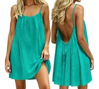 POIUIYQA Robe de Plage Courte Femme Bretelles Fines, Dos Nu avec Lacet, Modèle Ample et Fluide, Robe de Vacances Bohème Plusieurs Couleurs Unies