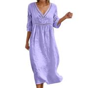 POIUIYQA Robe Décontractée Coton Lin Femme, Manches 7/8 Col V, Modèle Fluide Uni Respirant, Robe Maxi Bohème pour Été Plage et Vacances, Grande Taille