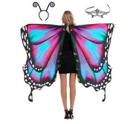 POIUIYQA Schmetterling Kostüm Damen, Schmetterlingsflügel Erwachsene Frauen mit Maske, Bunter Schmetterling Umhang Schal Flügel Nymphe Pixie Kostüm für Halloween Party Weihnachten Cosplay Karneval