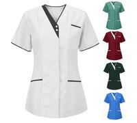 POIUIYQA Tunique Médicale Femme Col en V Manche Courte Uniforme De Travail Blouse Infirmiere Femme Professionnelle Uniforme D'infirmière Uniforme De Travail Esthéticienne Cadeau Secretaire Medicale