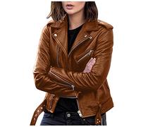 POIUIYQA Veste en Cuir Faux pour Femme à Col Montant Courte et à Manches Longues avec Fermeture Éclair - Style Moto Biker Veste en Simili Cuir pour Femmes, Manteau de Moto Court et Décontracté