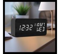 Pokanic Réveil numérique en bois, heure de bureau, date (MM/JJ/AA), jour de la semaine, température, veilleuse grand écran LED, lampe portable, chambre, bureau, école, maison, salon, chambre (noir)