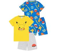 Pokémon Boys 2 Pack Pyjamas | Enfants Jaune Pikachu Bleu Bulbasaur Charmander Squirtle Personnages T-Shirts Shorts Set | Produits dérivés de vêtements de Nuit de Jeu