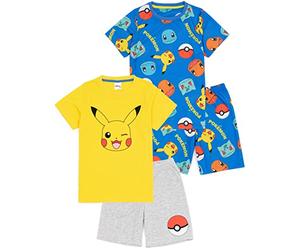 Pokémon Boys 2 Pack Pyjamas | Enfants Jaune Pikachu Bleu Bulbasaur Charmander Squirtle Personnages T-Shirts Shorts Set | Produits dérivés de vêtements de Nuit de Jeu