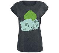 Pokémon Bulbizarre Femme T-Shirt Manches Courtes Gris Sombre chiné XL 60% Coton, 40% Polyester Large