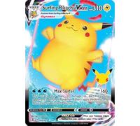 Pokemon Célébrations Surf Pikachu VMAX, 25e Anniversaire, Art Complet holographique Rare VMAX + Carte Surprise