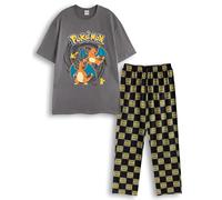 Pokémon Charizard & Pikachu T-Shirt Graphique Gris pour Hommes | Haut à col Rond à Manches Courtes | Dessin animé et vêtements de Nuit imprimés géométriques | T-Shirt Logo