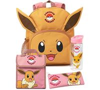 Pokémon Éevee 4 pièces Sac à dos | Personnage animé 3D Oreilles Rose Sac à dos Sac à lunch Crayon Case Bouteille d’eau | Jeu Cadeaux de sac de retour à l’école