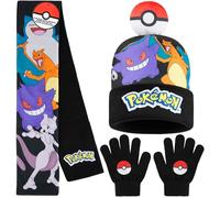 Pokémon Ensemble Bonnet Echarpe Gant Garçon, Dracaufeu Ectoplasma Chaud Accessoires Hiver, Anime Cadeau Gaming Enfant