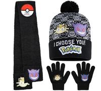 Pokémon Ensemble Bonnet Echarpe Gant Garçon ou Bonnet Gant Enfant, Accessoires d'Hiver Garçon Pikachu, Idée Cadeau Anime (4-12 Ans, Noir/Multi, 3 Pcs)