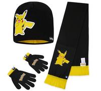 Pokémon Bonnet Enfant et Gants ou Ensemble Bonnet, Gants Hiver et Echarpe - Cadeau Gamer (Noir/Jaune 3 Pcs, 7-12 Ans)