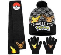 Pokémon Ensemble Bonnet Echarpe Gant Garçon ou Bonnet Gant Enfant, Accessoires d'Hiver Garçon Pikachu, Idée Cadeau Anime (6-14 Ans, Noir, 3 Pcs)